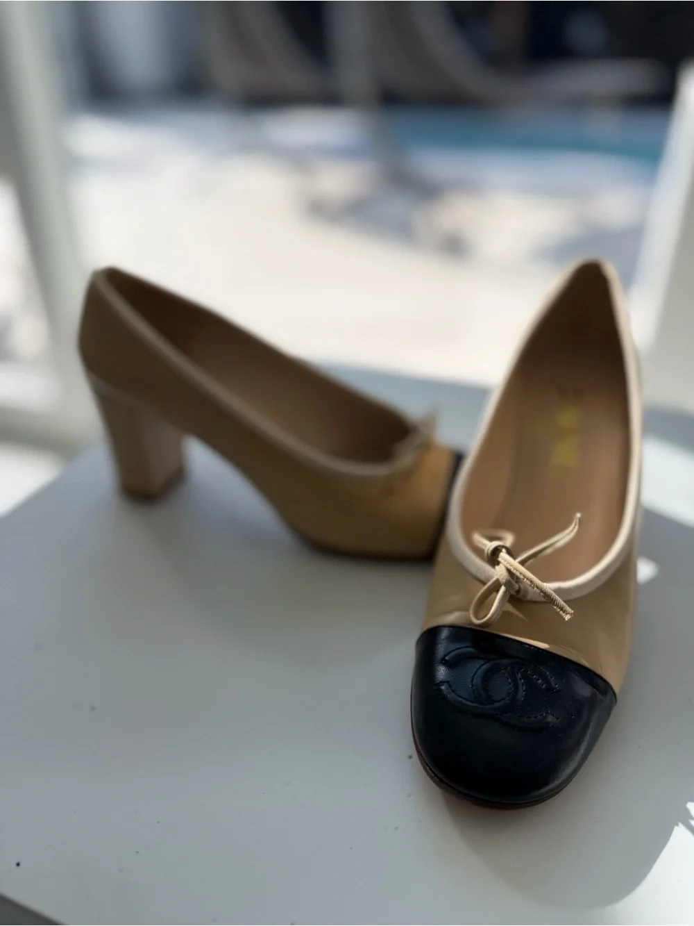 Chanel Beige and Black Cap-Toe block heel pumps